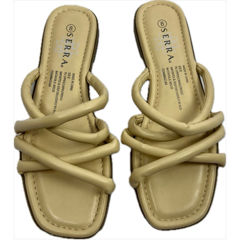 Serra Beige Strappy Slide Sandals, Size 8, PU Leather, Padded Footbed, Flat